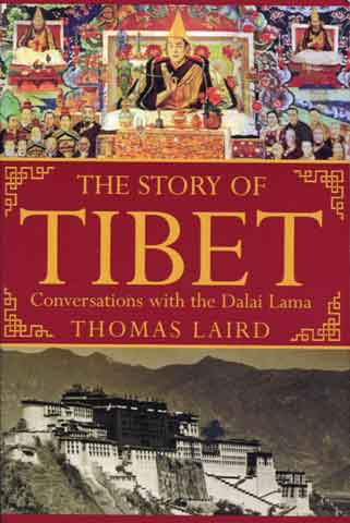 
Top: Painting of Dalai Lama assuming power on November 17, 1950. Bottom: 1924 photo of Potala Palace. - The Story Of Tibet book cover
